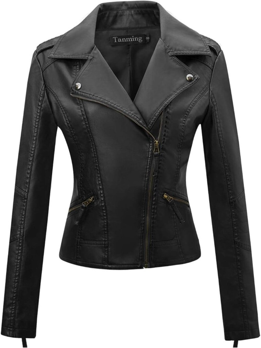Women All Black Faux Leather Moto Biker Jacket Slim Fit Zip Up Casual Short Coat